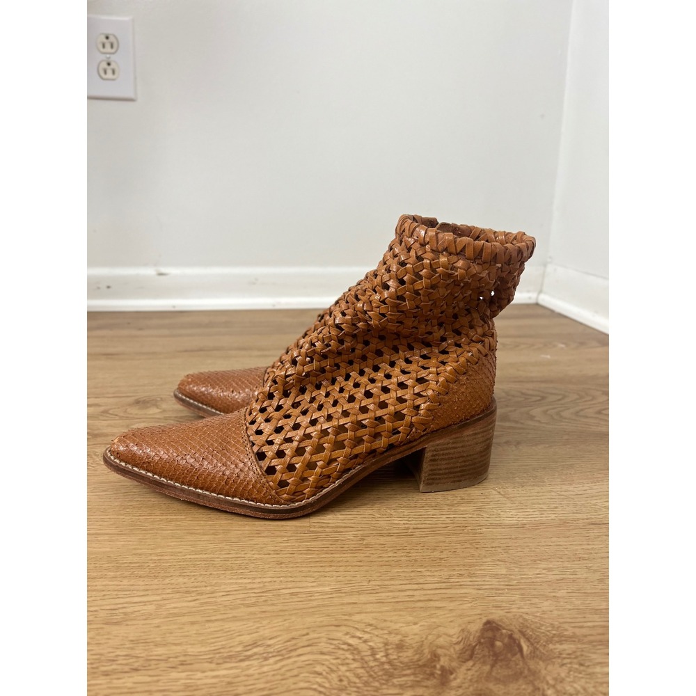Free People Boho Woven Leather Ankle Boots Women 37 Tan Pointed Toe‎ Block Heel - Picture 5 of 12